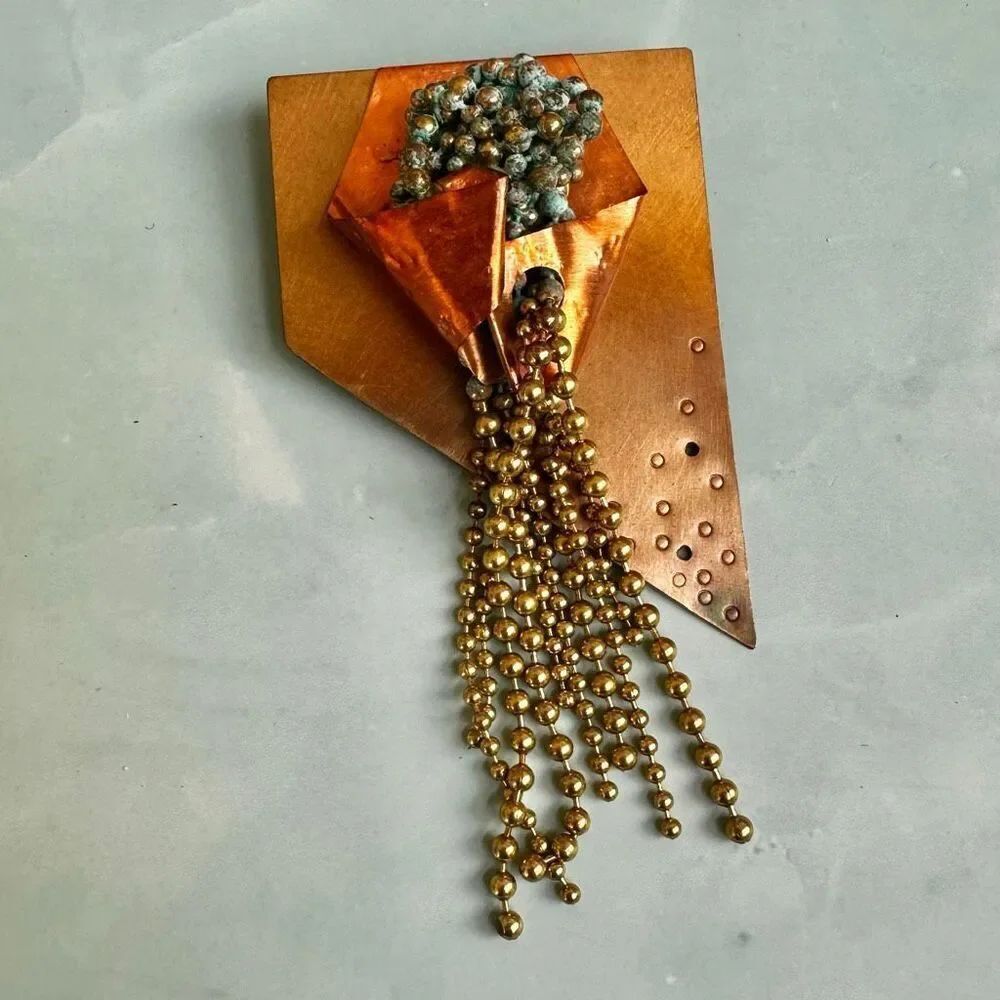 Signed Bisconti ’89 Fold-Formed Copper & Bead Fringe Brooch